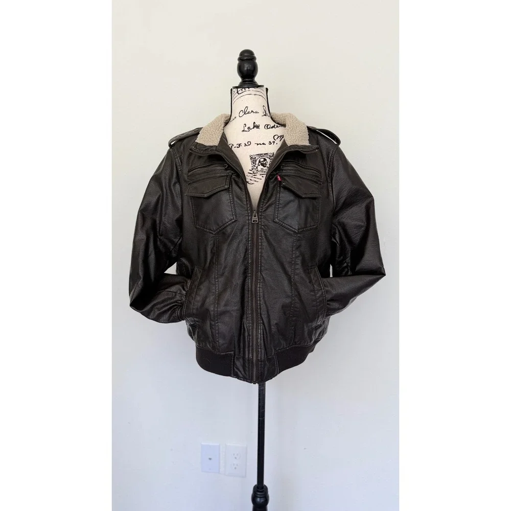 Levis Mens Faux Leather Sherpa Lined Bomber Jacket‎ Dark Brown Military Large